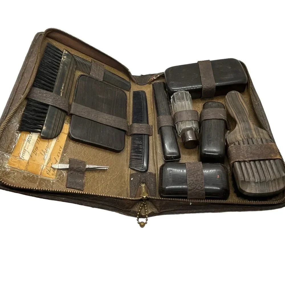Shaving Travel Kit Set Brown Leather Zip Case Vanity Grooming Toiletry Vintage